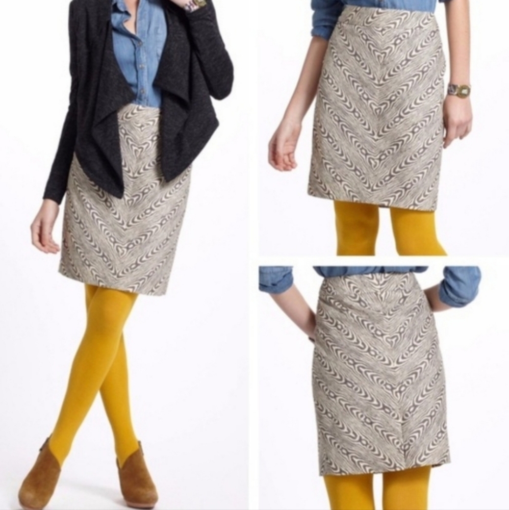 Anthropologie Postmark Wood Grain Pencil Skirt Cream Brown Zip Back Lined Size 6
